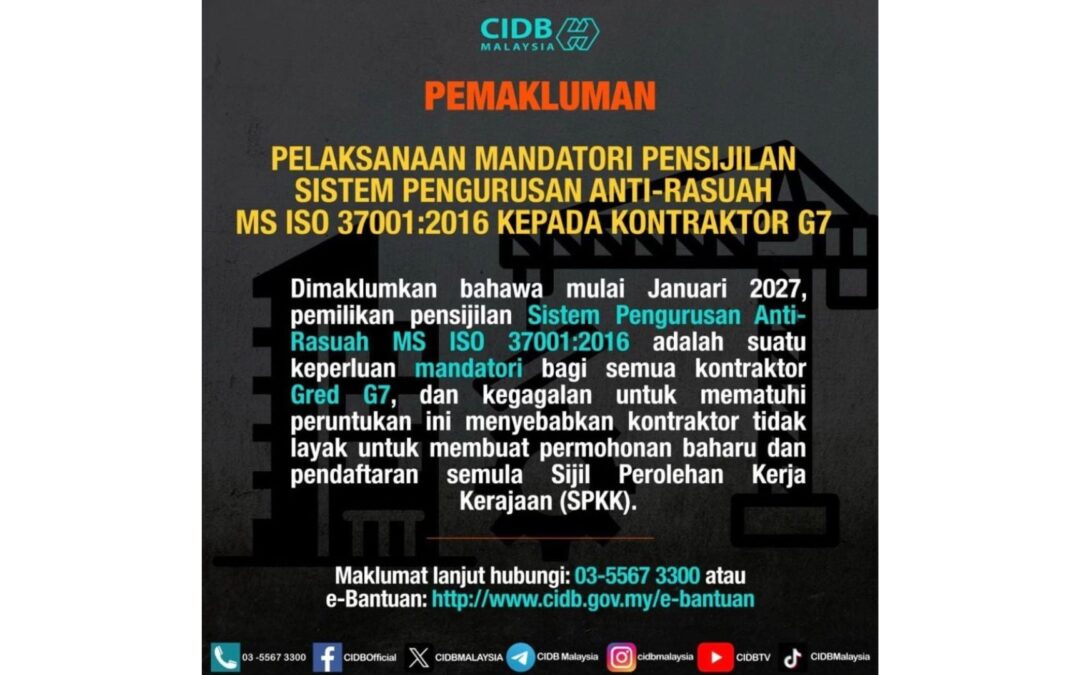 CIDB ISO 37001 Requirement for G7 Contractors